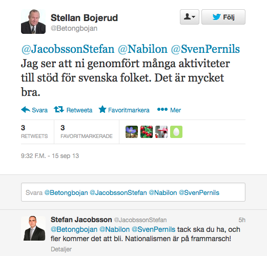 Han uppmuntrade SvP:s partiledare, Stefan Jacobsson, i en tweet.